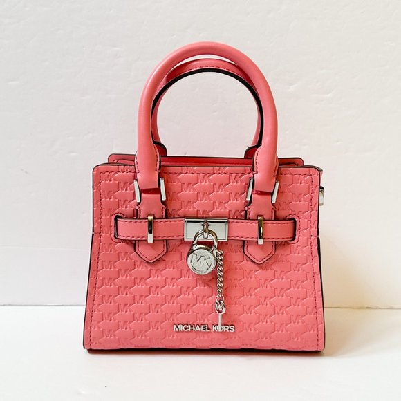 Michael Kors Hamilton MINI Satchel Shoulder Crossbody Bag Embossed MK Tea Rose - Picture 2 of 13